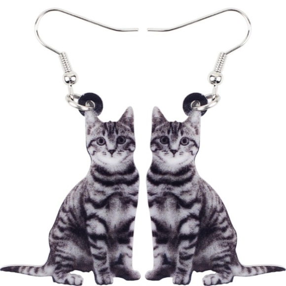 Jewelry - Grey Kitty Cat With Black Stripes Acrylic Earrings